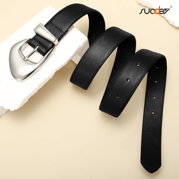 Women's Black Jeans Pants Fashion Ladies Dress Leather Belt with Silver Buckle - Picture 4 of 6